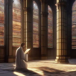 A young cleric praying in a grand temple of knowledge