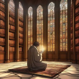 A young cleric praying in a grand temple of knowledge