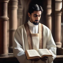 A young cleric holding a religious book, praying