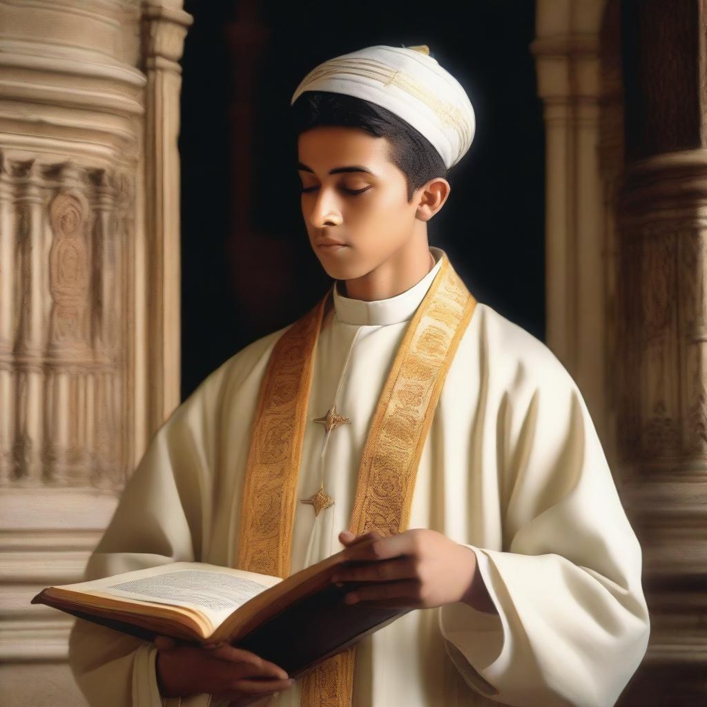 A young cleric holding a religious book, praying