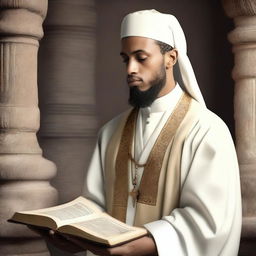 A young cleric holding a religious book, praying