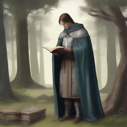 A young cleric wearing chainmail, holding a mace and a sheathed shield, performing a prayer with a book in hand