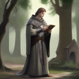 A young cleric wearing chainmail, holding a mace and a sheathed shield, performing a prayer with a book in hand