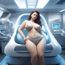 Create a realistic image of a beautiful, curvy woman with large hips and breasts waking up in a futuristic laboratory