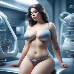 Create a realistic image of a beautiful, curvy woman with large hips and breasts waking up in a futuristic laboratory