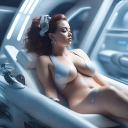 Create a realistic image of a beautiful, curvy woman with large hips and breasts waking up in a futuristic laboratory