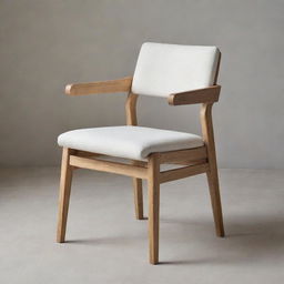 A minimalist modern chair crafted from oak wood and upholstered with textured white fabric