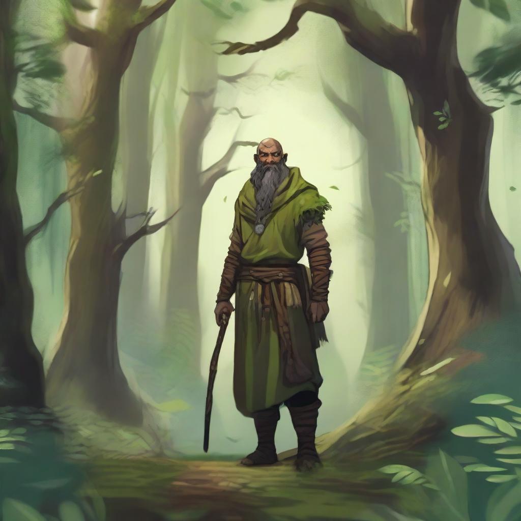 A human druid standing in a lush, dense forest