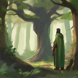 A human druid standing in a lush, dense forest