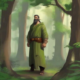 A human druid standing in a lush, dense forest