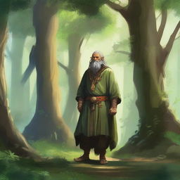 A human druid standing in a lush, dense forest