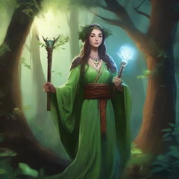 A human female druid in a lush forest, surrounded by thick foliage and ancient trees