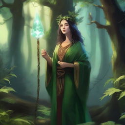 A human female druid in a lush forest, surrounded by thick foliage and ancient trees