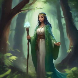 A human female druid in a lush forest, surrounded by thick foliage and ancient trees