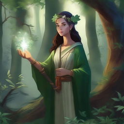 A human female druid in a lush forest, surrounded by thick foliage and ancient trees