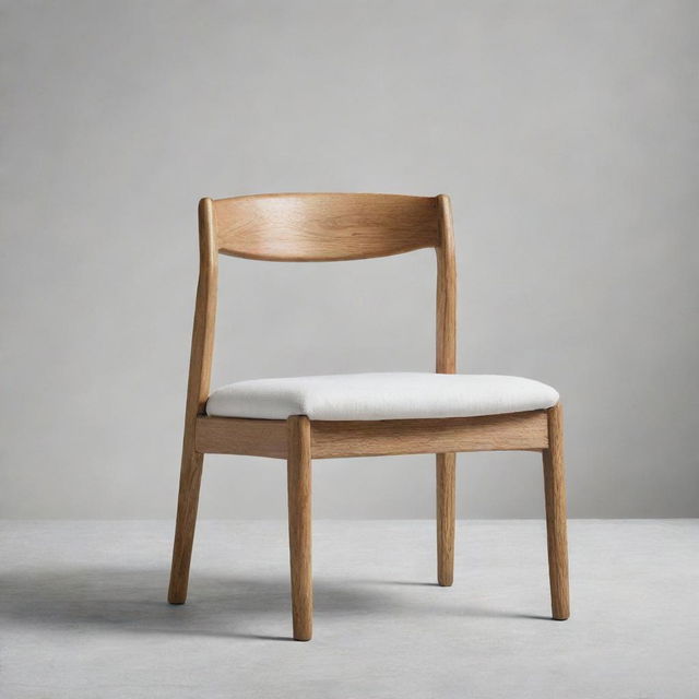 A minimalist modern chair crafted from oak wood and upholstered with textured white fabric