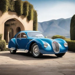 A high-resolution image of a classic Bugatti Type 56 Atlantic, showcasing its elegant curves and iconic design from multiple angles