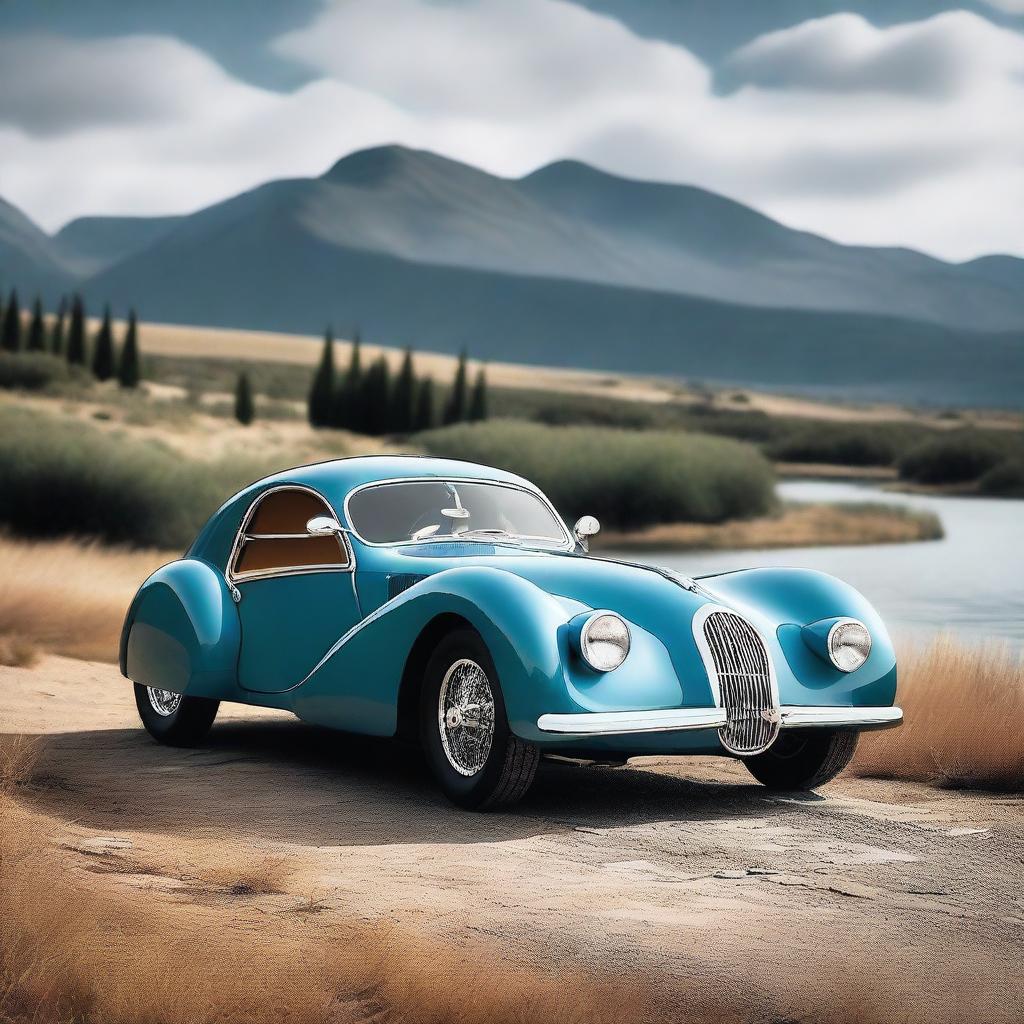 A high-resolution image of a classic Bugatti Type 56 Atlantic, showcasing its elegant curves and iconic design from multiple angles