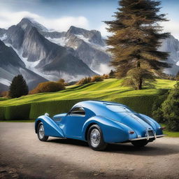 A high-resolution image of a classic Bugatti Type 56 Atlantic, showcasing its elegant curves and iconic design from multiple angles