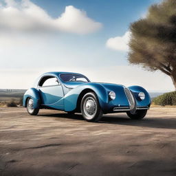 A high-resolution image of a classic Bugatti Type 56 Atlantic, showcasing its elegant curves and iconic design from multiple angles