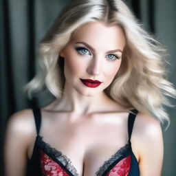 A white woman with blonde hair, blue eyes, and sensual red lips wearing sexy lingerie