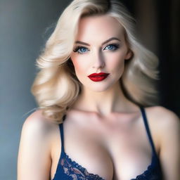 A white woman with blonde hair, blue eyes, and sensual red lips wearing sexy lingerie