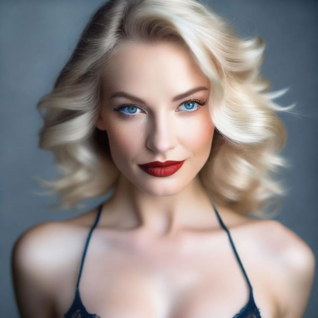 A white woman with blonde hair, blue eyes, and sensual red lips wearing sexy lingerie