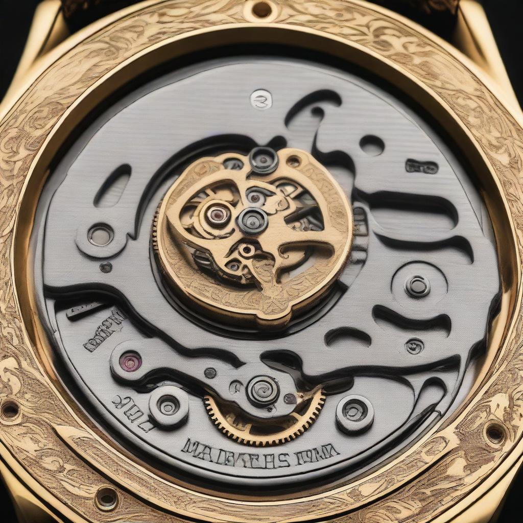 A detailed image of the case back of a wrist watch, showing the intricate engravings and mechanical parts