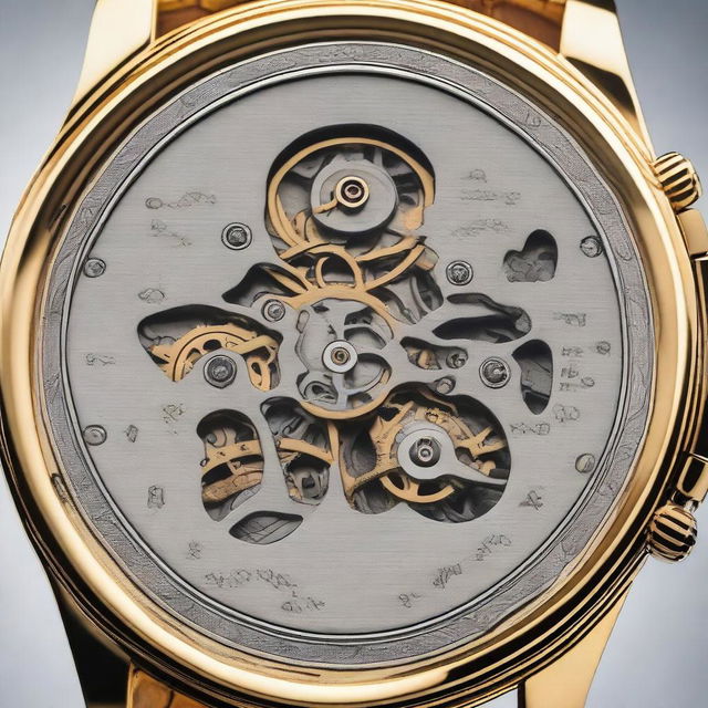 A detailed image of the case back of a wrist watch, showing the intricate engravings and mechanical parts