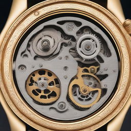 A detailed image of the case back of a wrist watch, showing the intricate engravings and mechanical parts