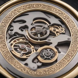 A detailed image of the case back of a wrist watch, showing the intricate engravings and mechanical parts