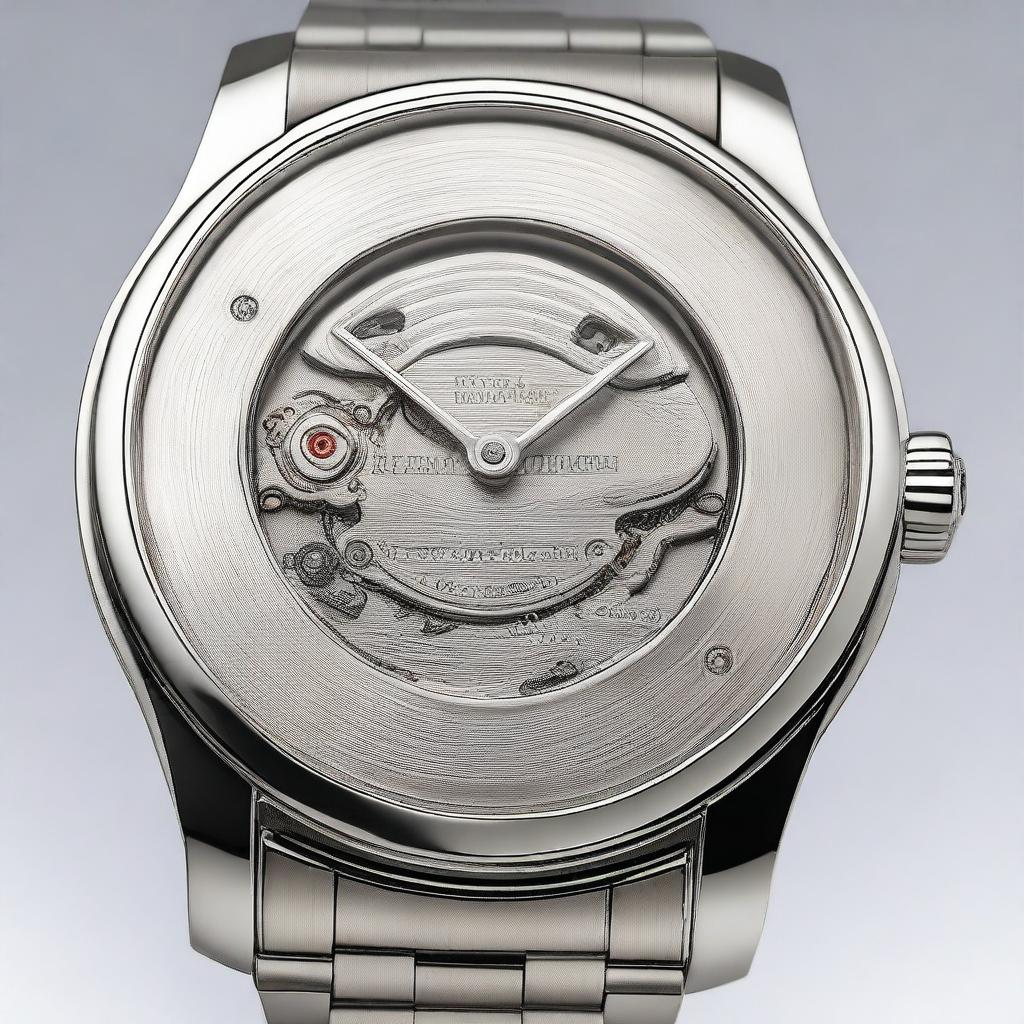 A high-resolution image of the stainless steel back of a wristwatch