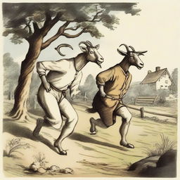 Two goat thieves in a rural setting, depicted in a humorous and light-hearted manner