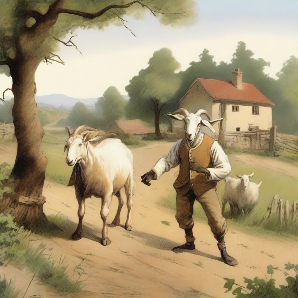 Two goat thieves in a rural setting, depicted in a humorous and light-hearted manner