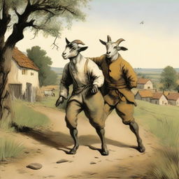 Two goat thieves in a rural setting, depicted in a humorous and light-hearted manner