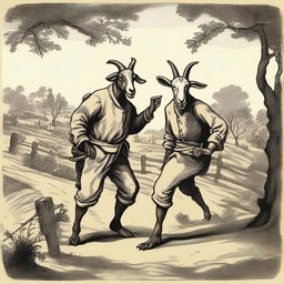 Two goat thieves in a rural setting, depicted in a humorous and light-hearted manner