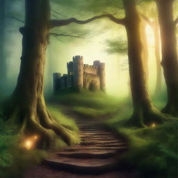 Create an ebook cover featuring a mystical forest with a hidden path leading to an ancient castle