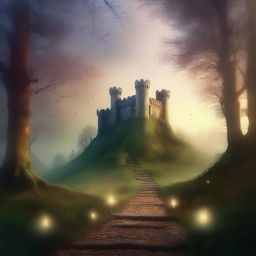 Create an ebook cover featuring a mystical forest with a hidden path leading to an ancient castle