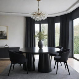 A sleek black dining table large enough for six chairs, supported by two oversized black bases