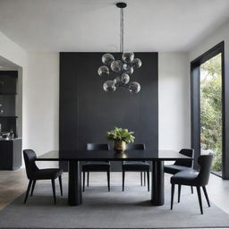 A sleek black dining table large enough for six chairs, supported by two oversized black bases