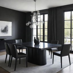 A sleek black dining table large enough for six chairs, supported by two oversized black bases