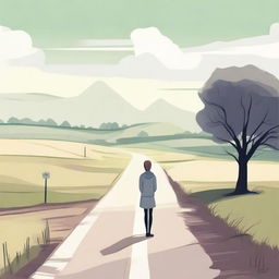 A detailed illustration of a woman standing at a crossroads, looking contemplative