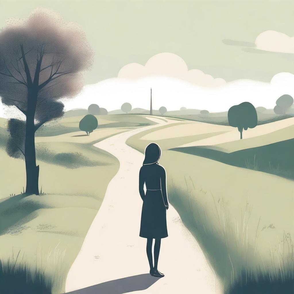 A detailed illustration of a woman standing at a crossroads, looking contemplative