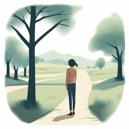 A detailed illustration of a woman standing at a crossroads, looking contemplative