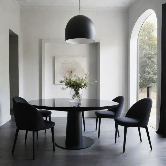 A sleek black dining table large enough for six chairs, supported by two oversized black bases