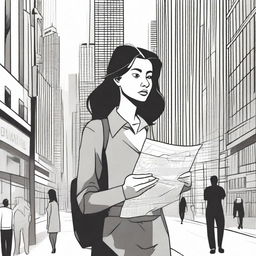 A detailed illustration of a woman looking lost and confused in an urban setting