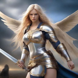 Create an image of a pretty angel warrior with long blonde, wavy hair and blue eyes