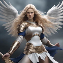 Create an image of a pretty angel warrior with long blonde, wavy hair and blue eyes