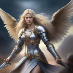 Create an image of a pretty angel warrior with long blonde, wavy hair and blue eyes