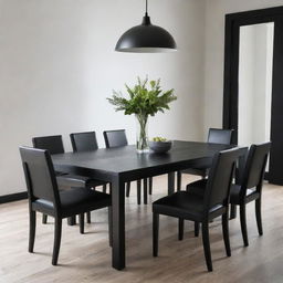 An isolated view of a large, black dining table for six chairs, with two substantial black legs